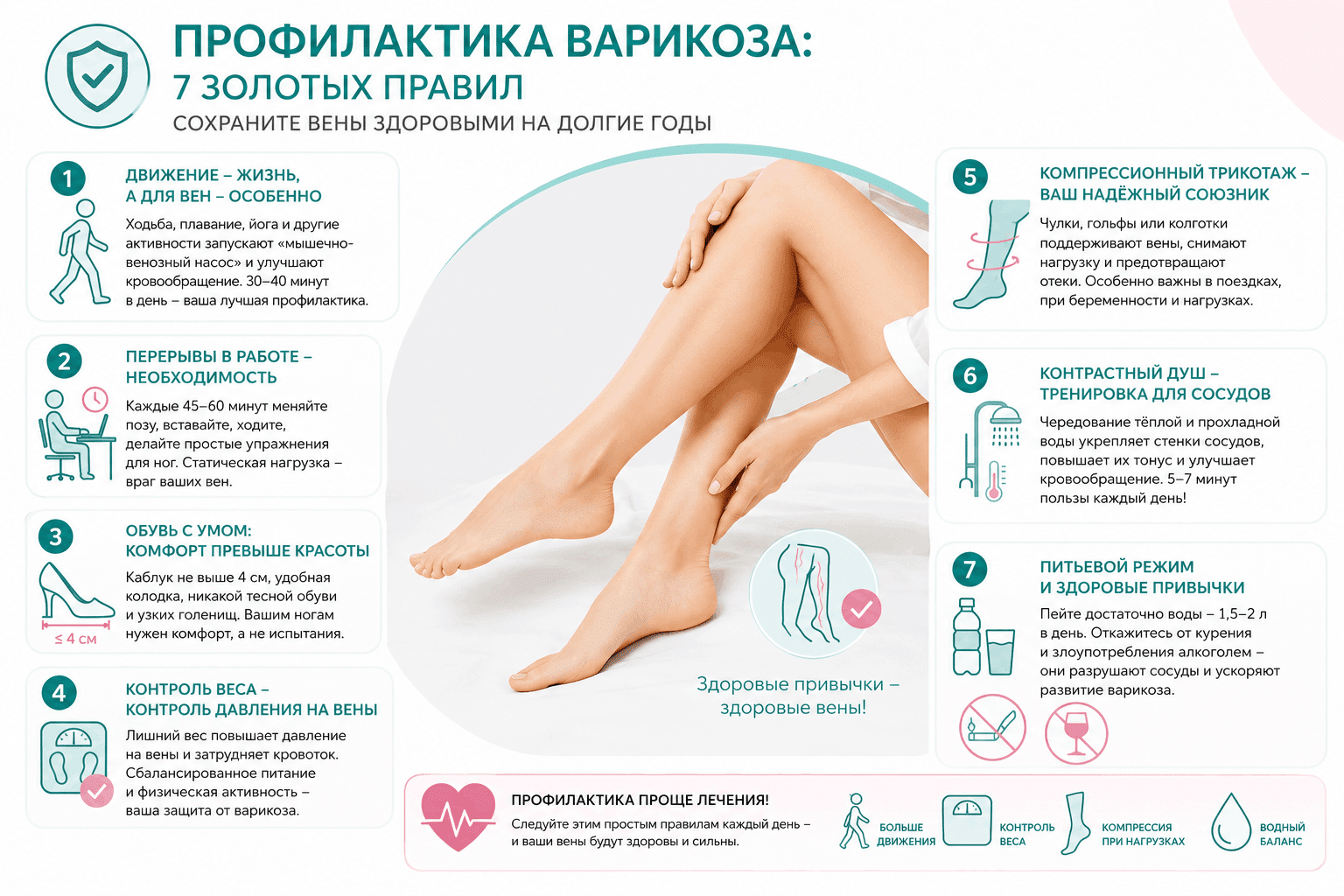 7 золотых правил профилактики варикоза вен Инфографика с семью правилами профилактики варикоза: движение, перерывы, обувь, вес, компрессия, душ и питьевой режим